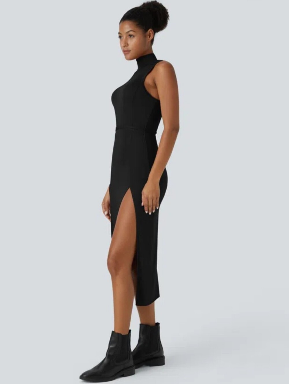 HALARA* Long Sleeve*High Slit Hooded Midi Dress in BLACK Size M - Picture 7 of 10